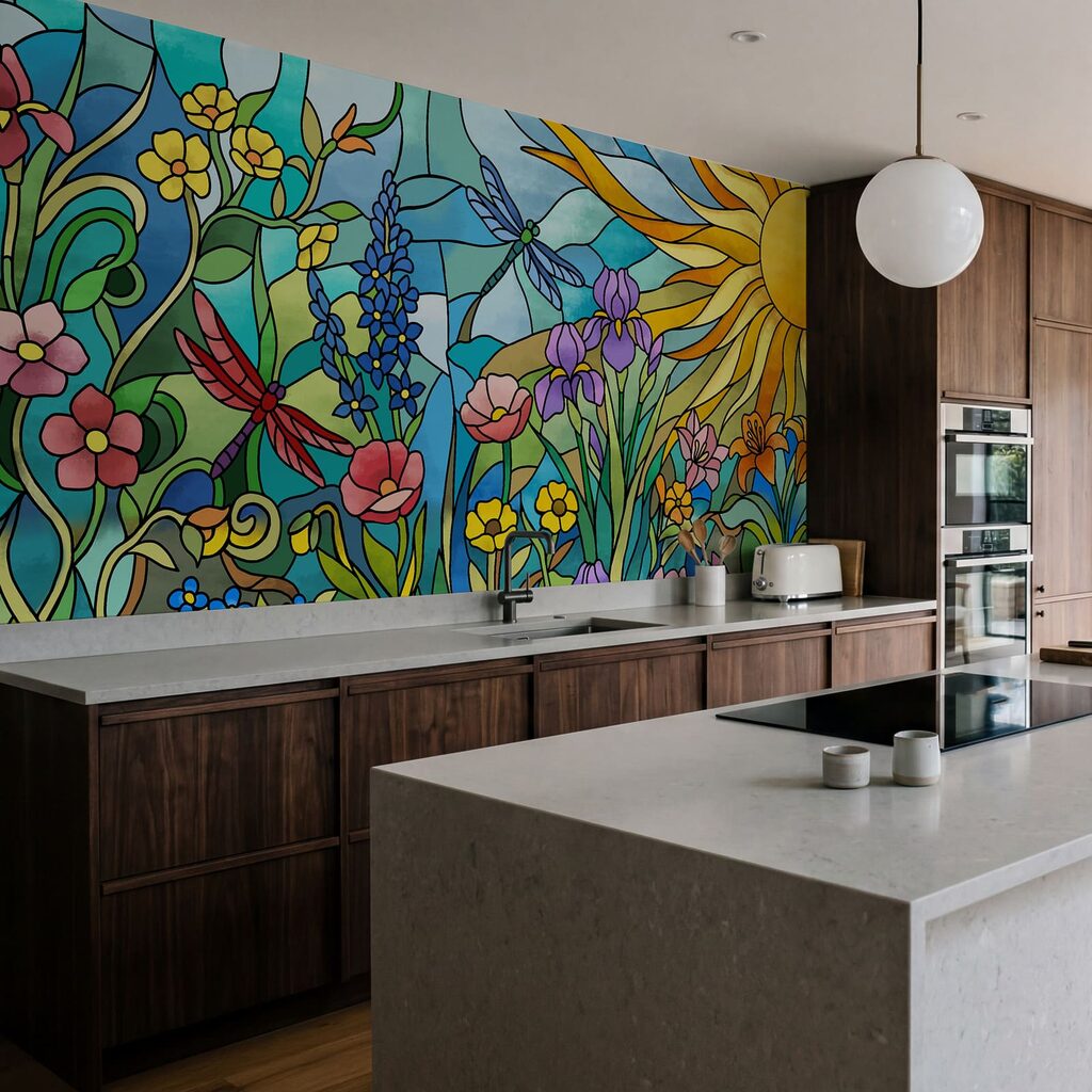 Wall mural Stained glass window with flowers and dragonflies (SKU: t01120) Wall mural Stained glass window with flowers and dragonflies (SKU: t01120)