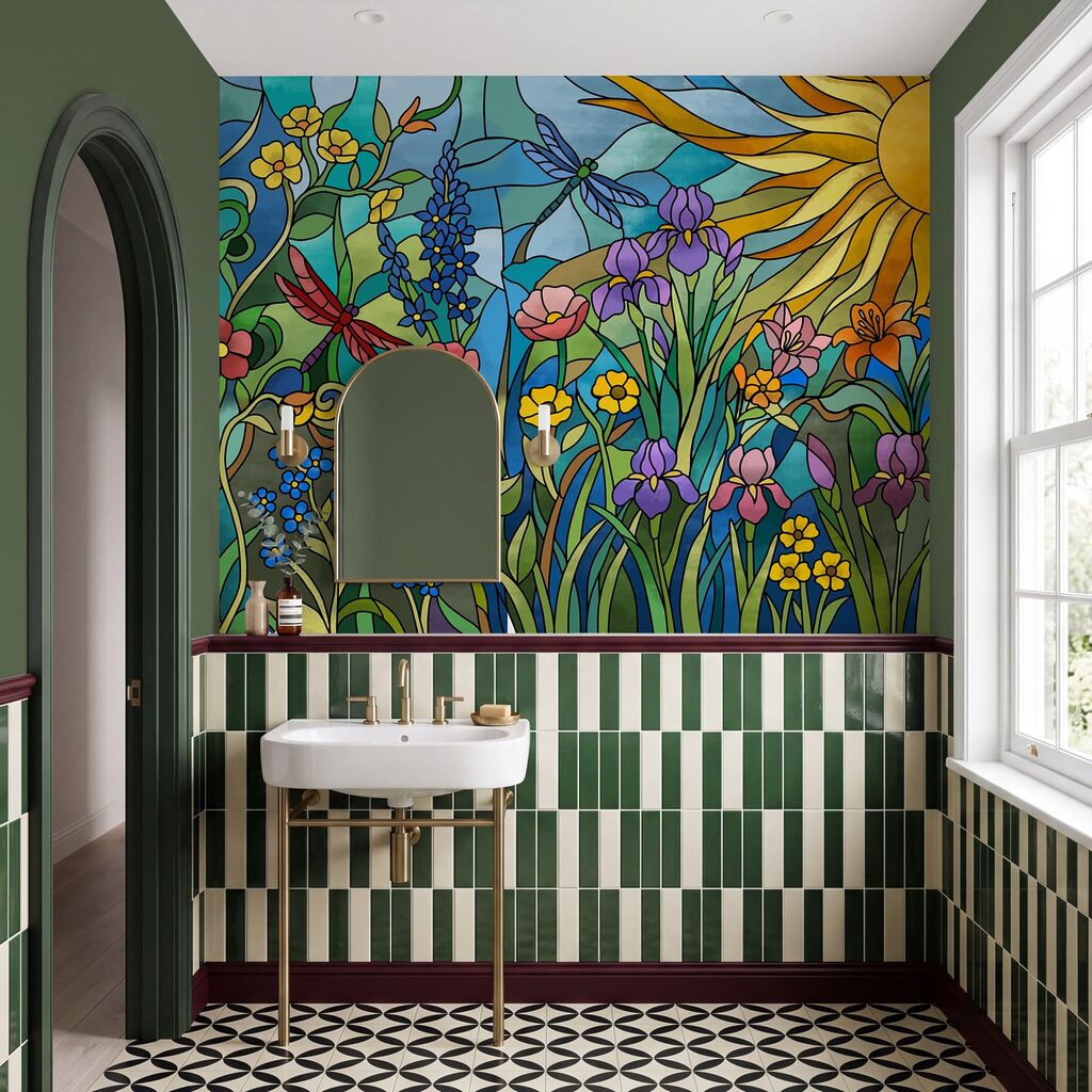 Wall mural Stained glass window with flowers and dragonflies (SKU: t01120) Wall mural Stained glass window with flowers and dragonflies (SKU: t01120)