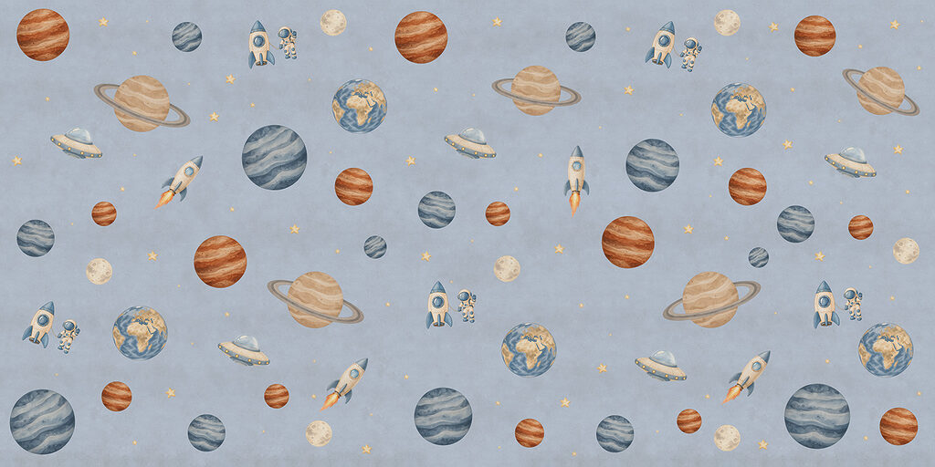 Wall mural Pattern of planets and rockets (SKU: t01128v1) Wall mural Pattern of planets and rockets (SKU: t01128v1)