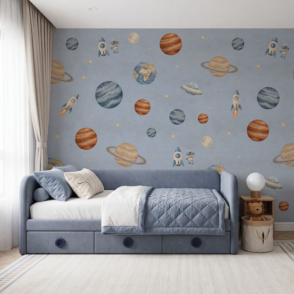 Wall mural Pattern of planets and rockets (SKU: t01128v1) Wall mural Pattern of planets and rockets (SKU: t01128v1)