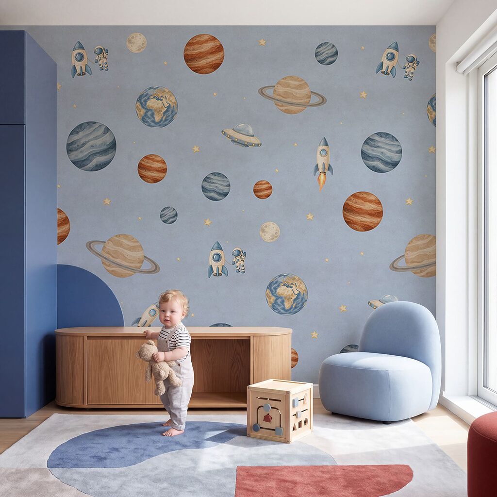 Wall mural Pattern of planets and rockets (SKU: t01128v1) Wall mural Pattern of planets and rockets (SKU: t01128v1)