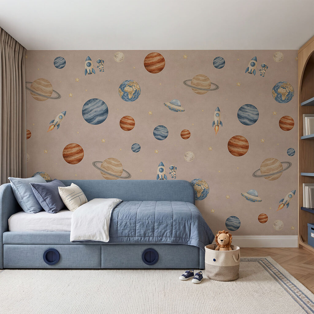 Wall mural Pattern of planets and rockets (SKU: t01128v2)