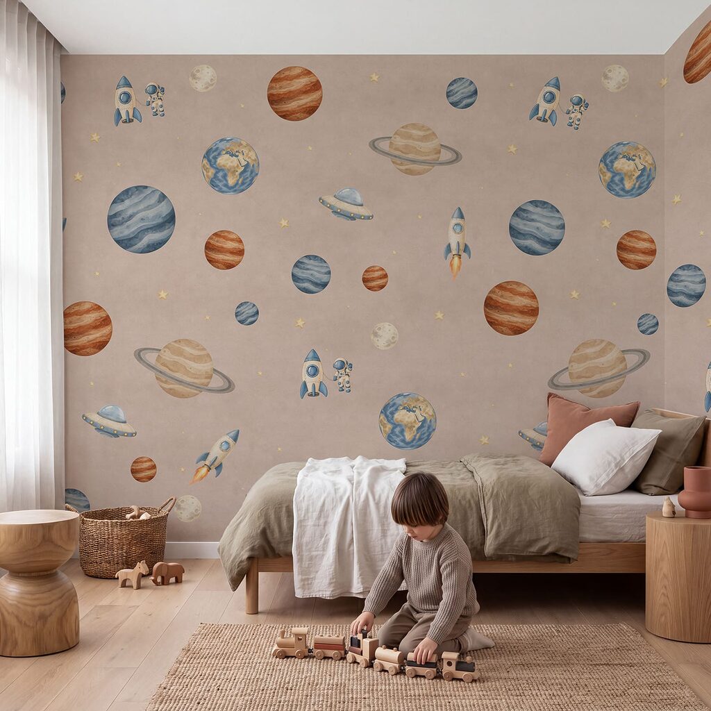Wall mural Pattern of planets and rockets (SKU: t01128v2)