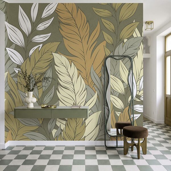 Wall mural Pattern of feathers and leaves (SKU: t01135)