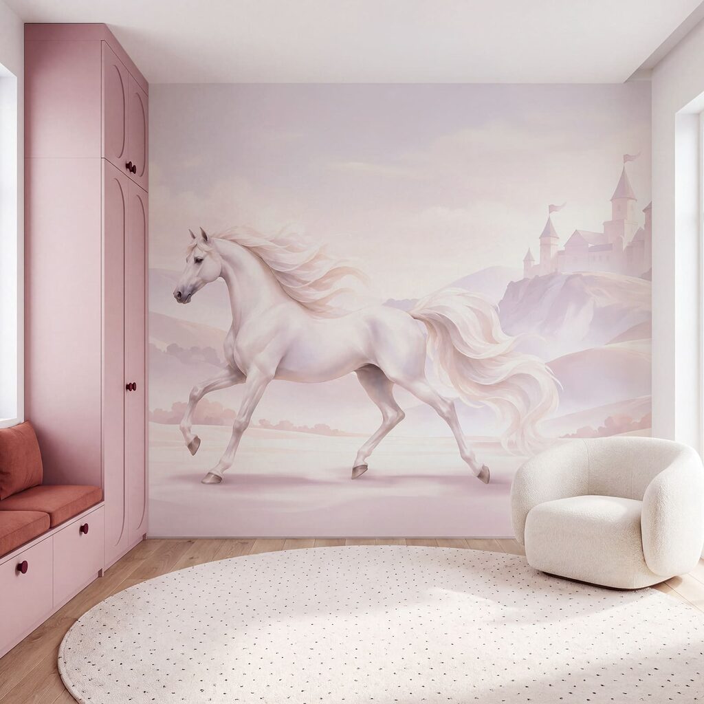 Wall mural White horse running in a snowy landscape (SKU: t01157)