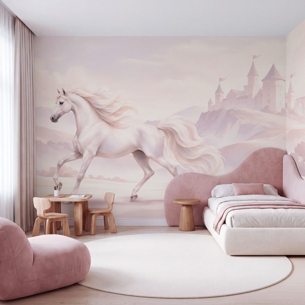 Wall mural White horse running in a snowy landscape (SKU: t01157)