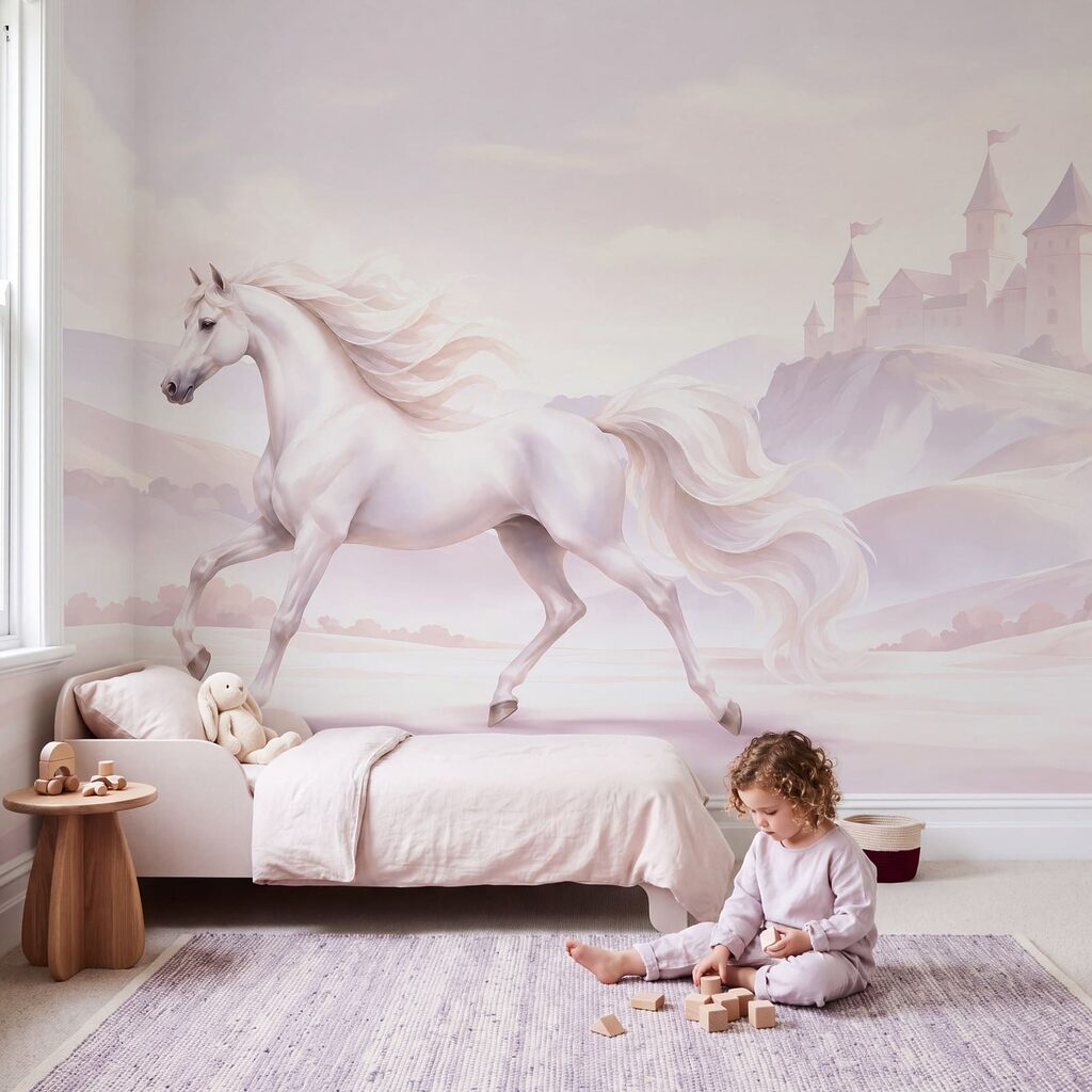 Wall mural White horse running in a snowy landscape (SKU: t01157)