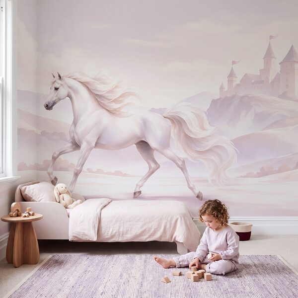 Wall mural White horse running in a snowy landscape (SKU: t01157)