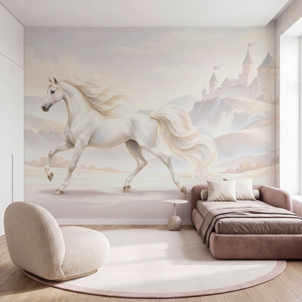 Wall mural White horse running in a snowy landscape (SKU: t01157v1) Wall mural White horse running in a snowy landscape (SKU: t01157v1)