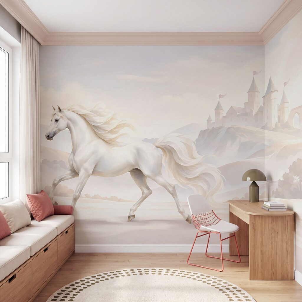 Wall mural White horse running in a snowy landscape (SKU: t01157v1) Wall mural White horse running in a snowy landscape (SKU: t01157v1)