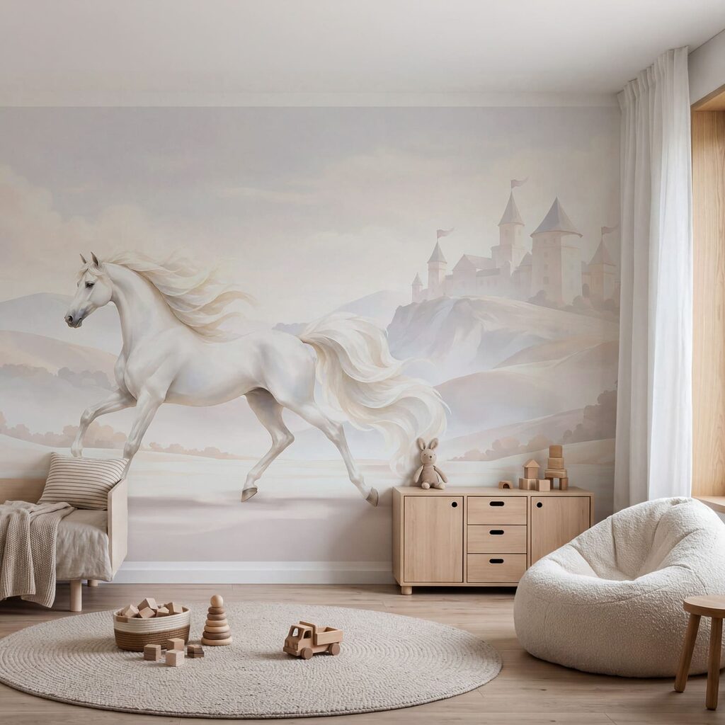 Wall mural White horse running in a snowy landscape (SKU: t01157v1) Wall mural White horse running in a snowy landscape (SKU: t01157v1)