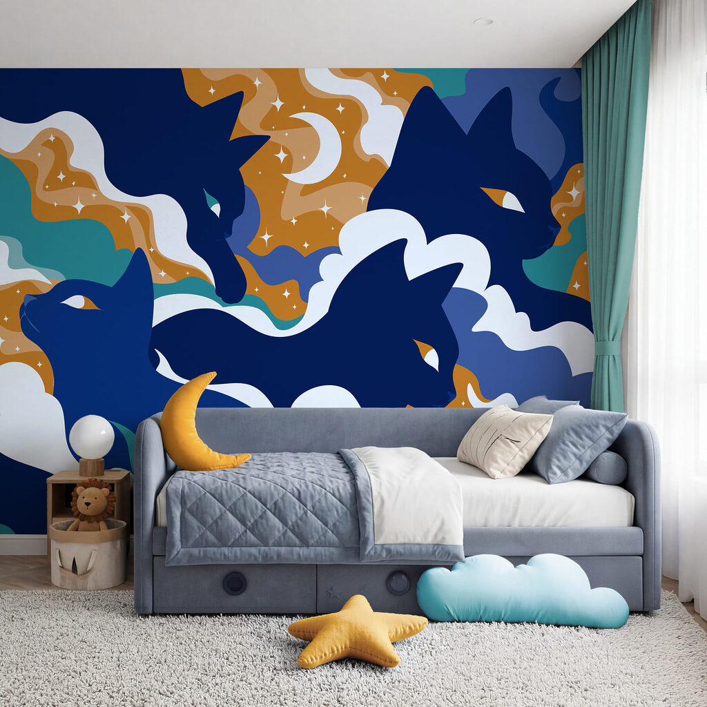 Wall mural Blue cats in the sky (SKU: t01136) Wall mural Blue cats in the sky (SKU: t01136)