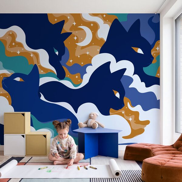 Wall mural Blue cats in the sky (SKU: t01136) Wall mural Blue cats in the sky (SKU: t01136)