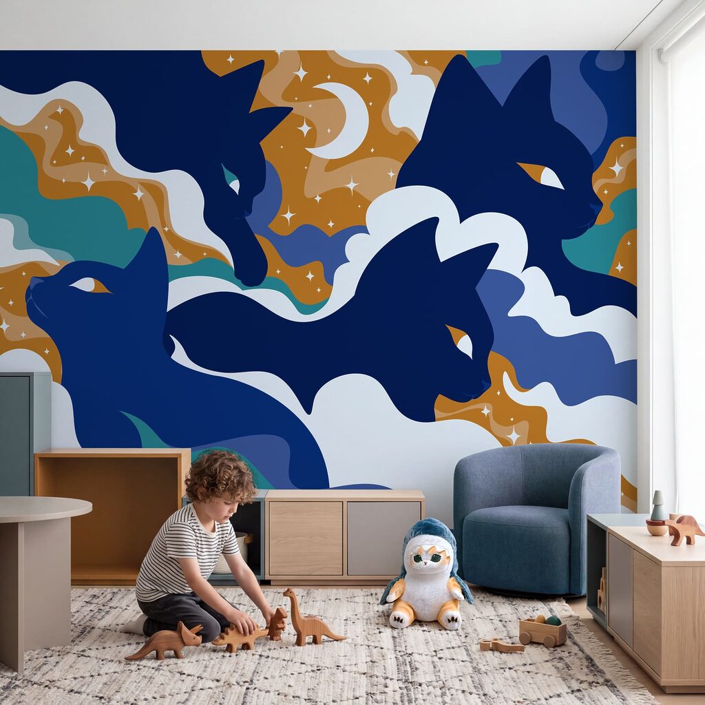 Wall mural Blue cats in the sky (SKU: t01136) Wall mural Blue cats in the sky (SKU: t01136)