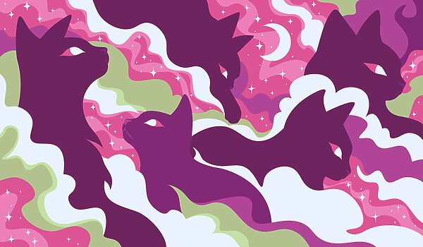 Wall mural Purple cat with white and green clouds and stars (SKU: t01136v1)