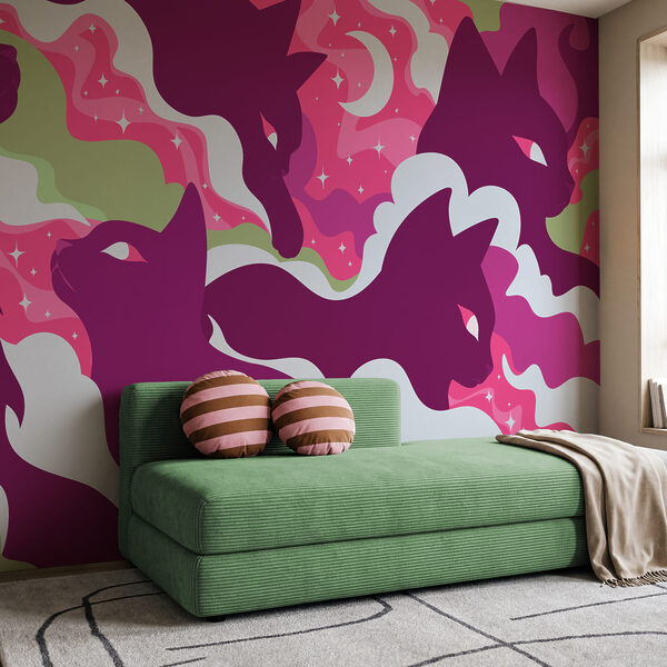Wall mural Purple cat with white and green clouds and stars (SKU: t01136v1)