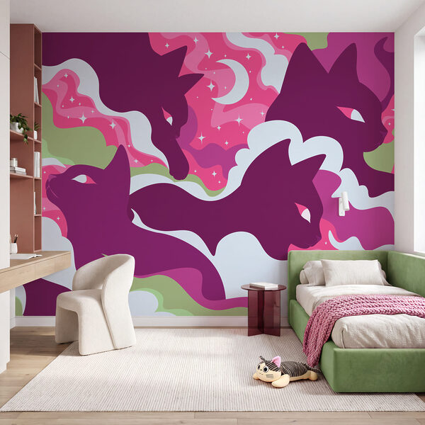 Wall mural Purple cat with white and green clouds and stars (SKU: t01136v1)
