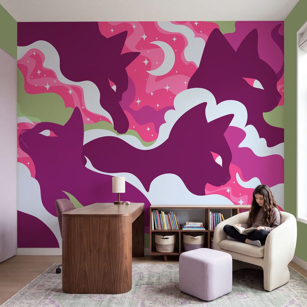 Wall mural Purple cat with white and green clouds and stars (SKU: t01136v1)