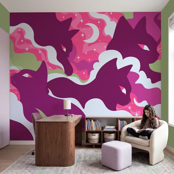 Wall mural Purple cat with white and green clouds and stars (SKU: t01136v1)
