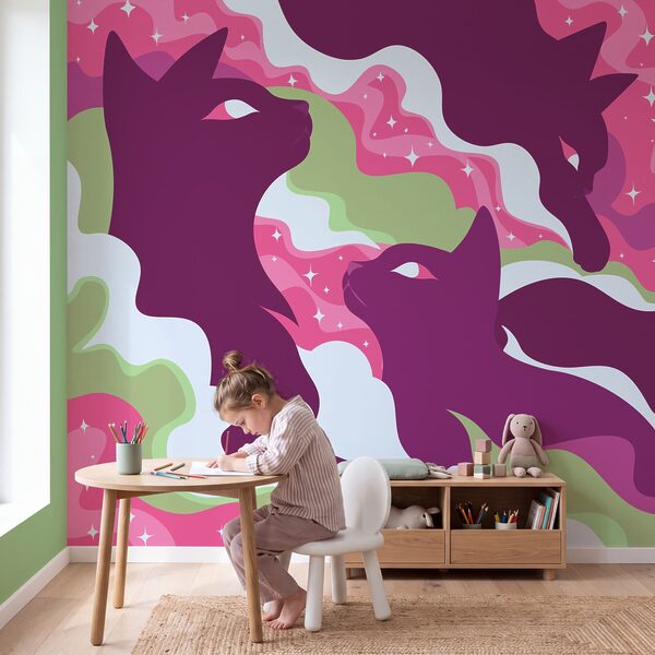 Wall mural Purple cat with white and green clouds and stars (SKU: t01136v1)