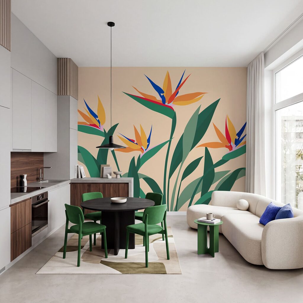 Wall mural Colorful flowers with green leaves (SKU: t01139v1) Wall mural Colorful flowers with green leaves (SKU: t01139v1)