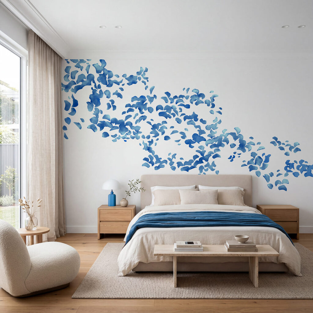 Wall mural Blue flower petals on a white background (SKU: t01140) Wall mural Blue flower petals on a white background (SKU: t01140)