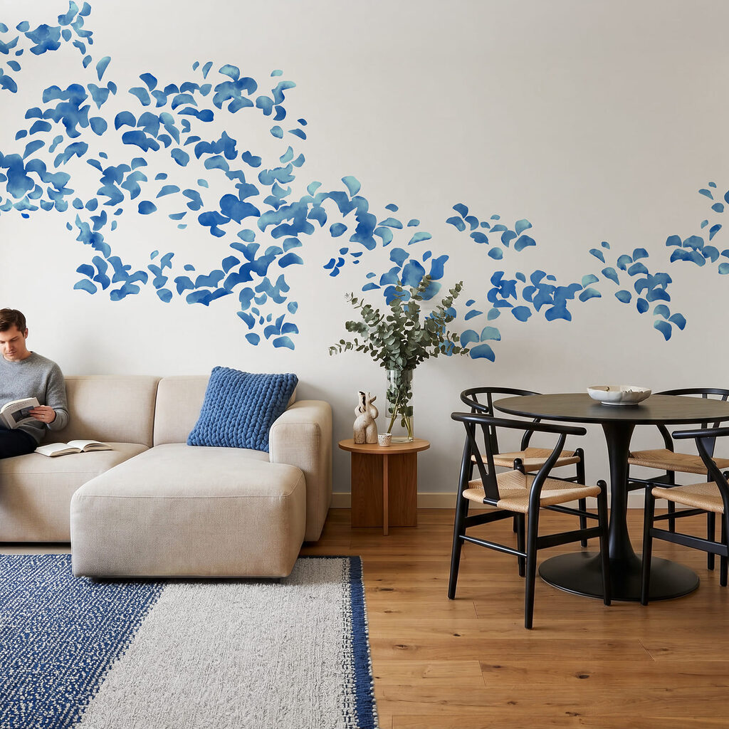 Wall mural Blue flower petals on a white background (SKU: t01140) Wall mural Blue flower petals on a white background (SKU: t01140)