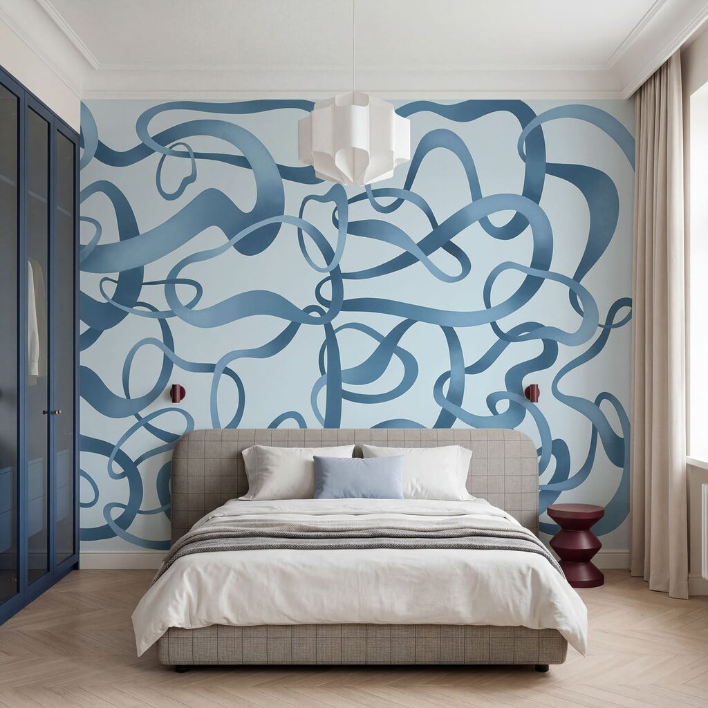 Wall mural Blue swirly lines on a white background (SKU: t01168v1)