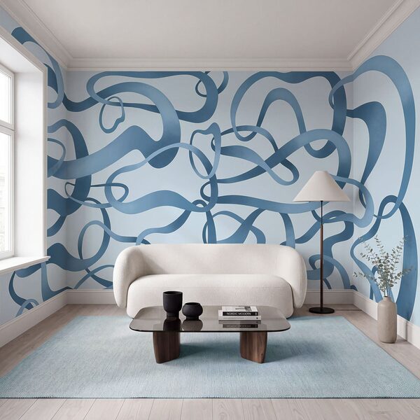 Wall mural Blue swirly lines on a white background (SKU: t01168v1)