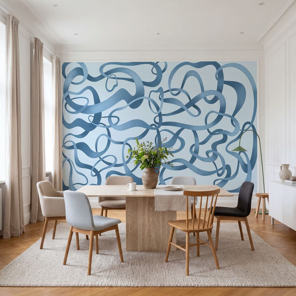 Wall mural Blue swirly lines on a white background (SKU: t01168v1)