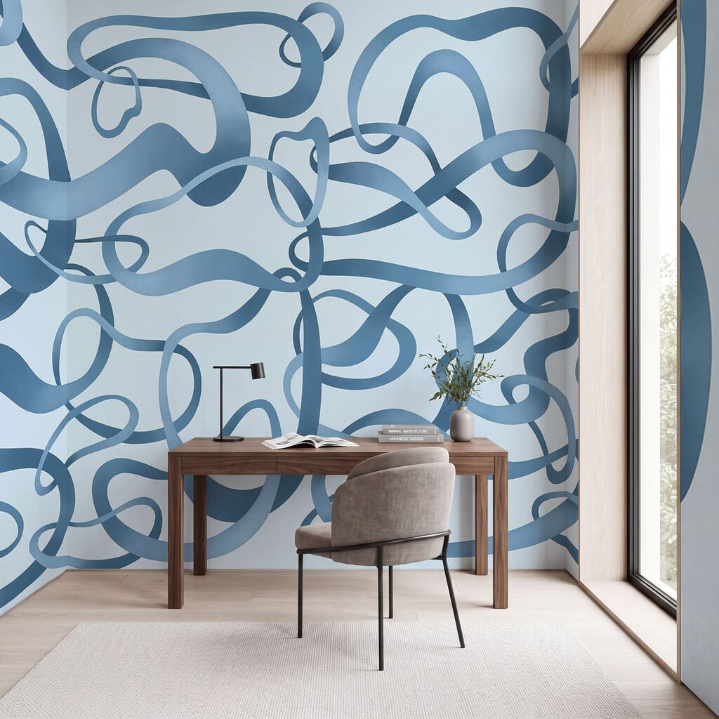 Wall mural Blue swirly lines on a white background (SKU: t01168v1)