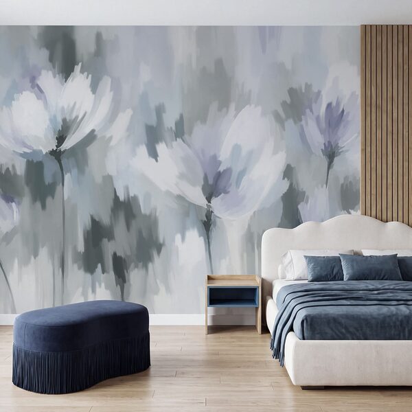 Wall mural Painting of flowers in grey and white (SKU: t01189v2) Wall mural Painting of flowers in grey and white (SKU: t01189v2)