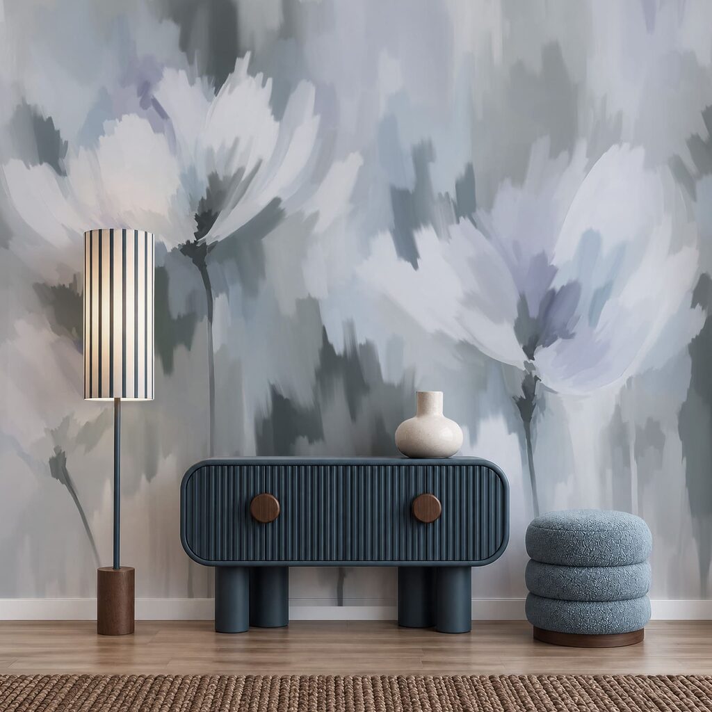 Wall mural Painting of flowers in grey and white (SKU: t01189v2) Wall mural Painting of flowers in grey and white (SKU: t01189v2)