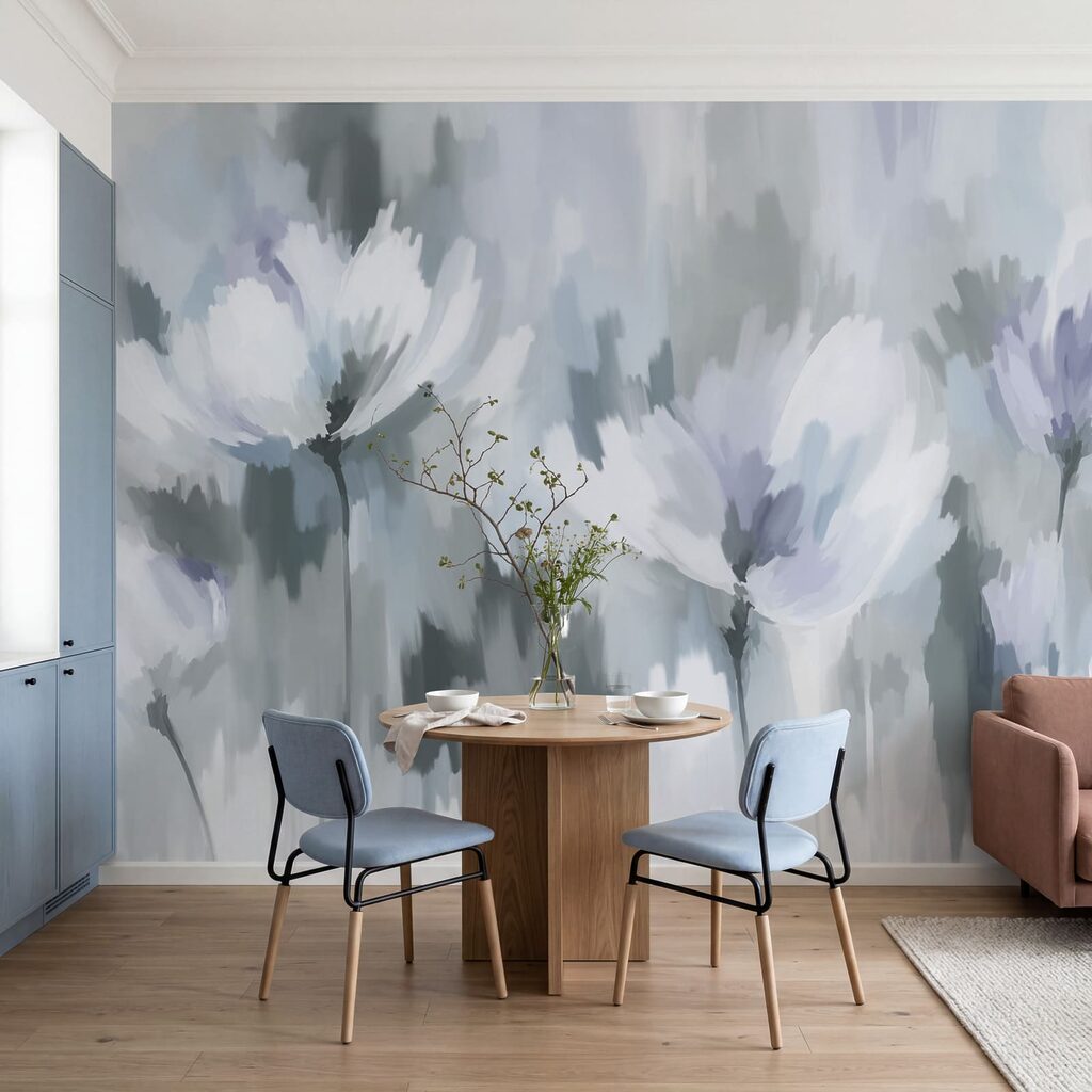 Wall mural Painting of flowers in grey and white (SKU: t01189v2) Wall mural Painting of flowers in grey and white (SKU: t01189v2)