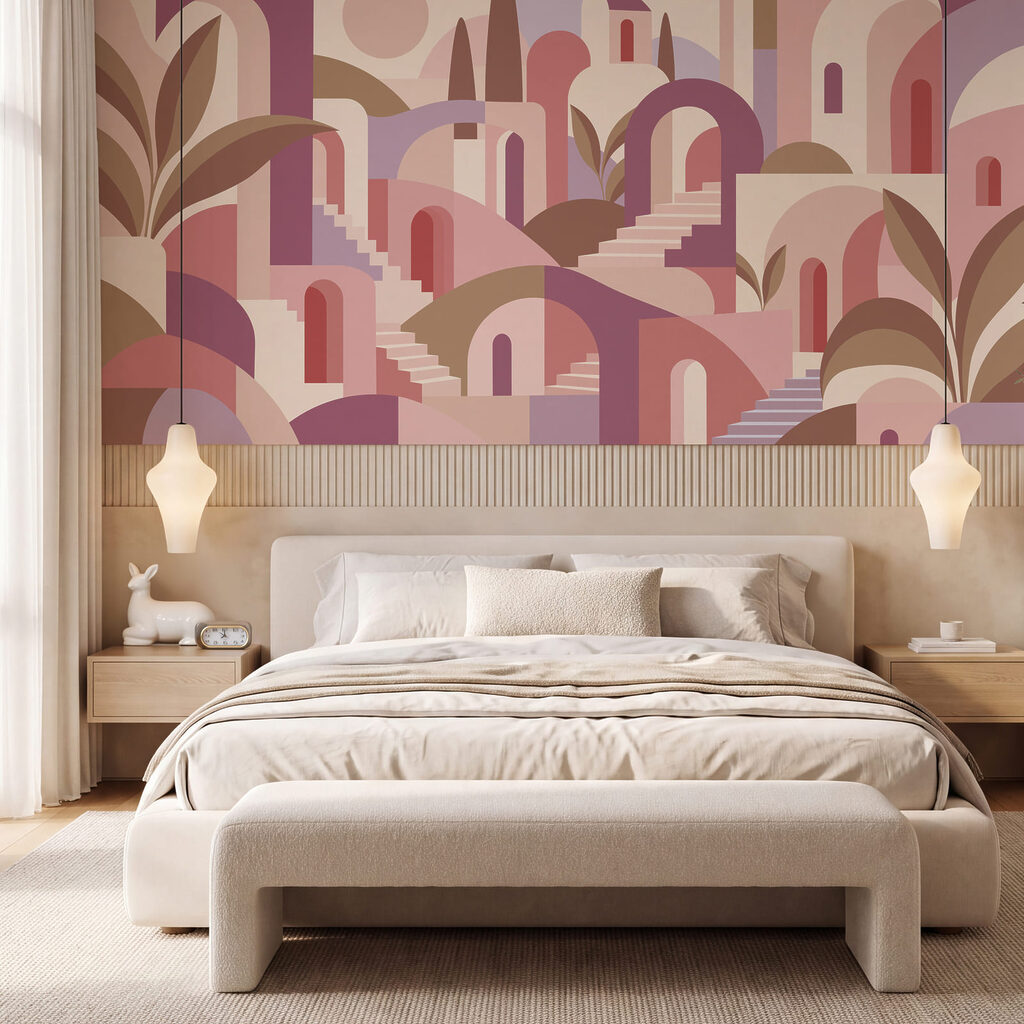 Wall mural Colorful landscape with stairs and trees (SKU: t01143v1) Wall mural Colorful landscape with stairs and trees (SKU: t01143v1)