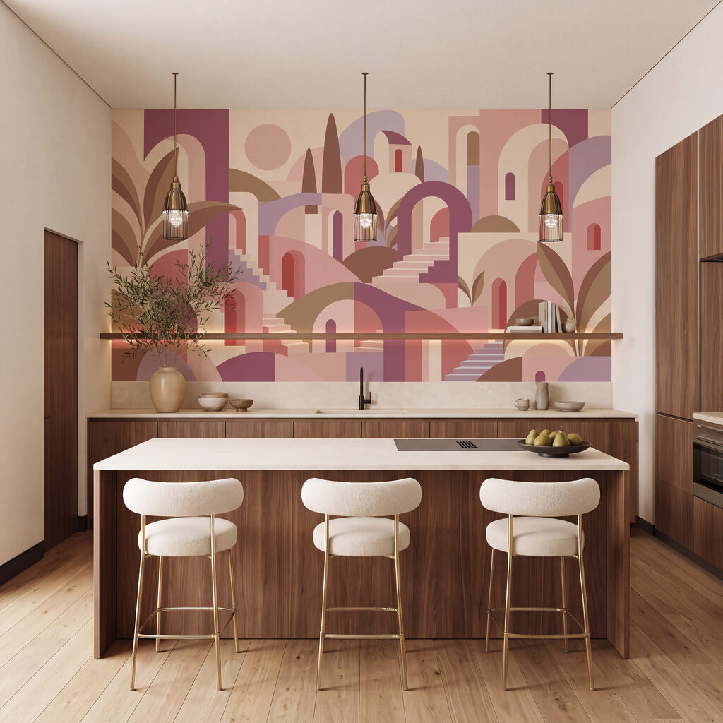 Wall mural Colorful landscape with stairs and trees (SKU: t01143v1) Wall mural Colorful landscape with stairs and trees (SKU: t01143v1)